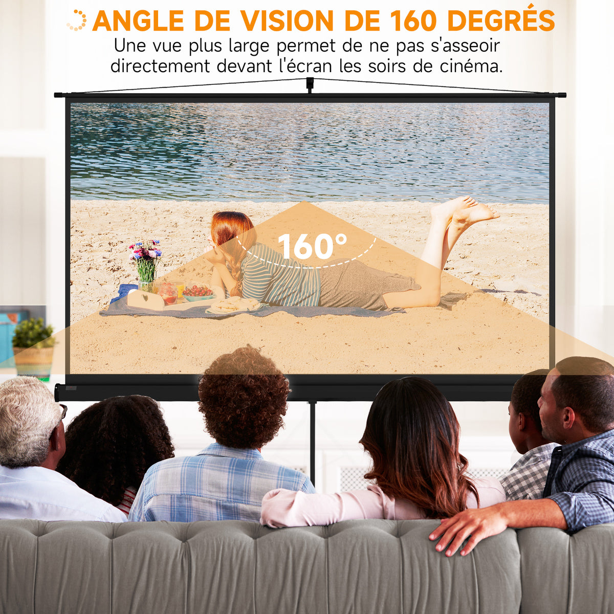 Écran de projection 100 pouces avec support trépied hauteur réglable, écran 4K HD 16:9