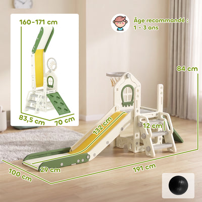 Toboggan pour Enfant Pliable 5-en-1 avec Escalade, Panier de Basket, Espace de Rangement et Ballon, Crème