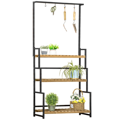 Porte plante suspendue en bois 3 niveaux + barre support avec 4 crochets pour pots suspendus 80 x 36 x 174 cm