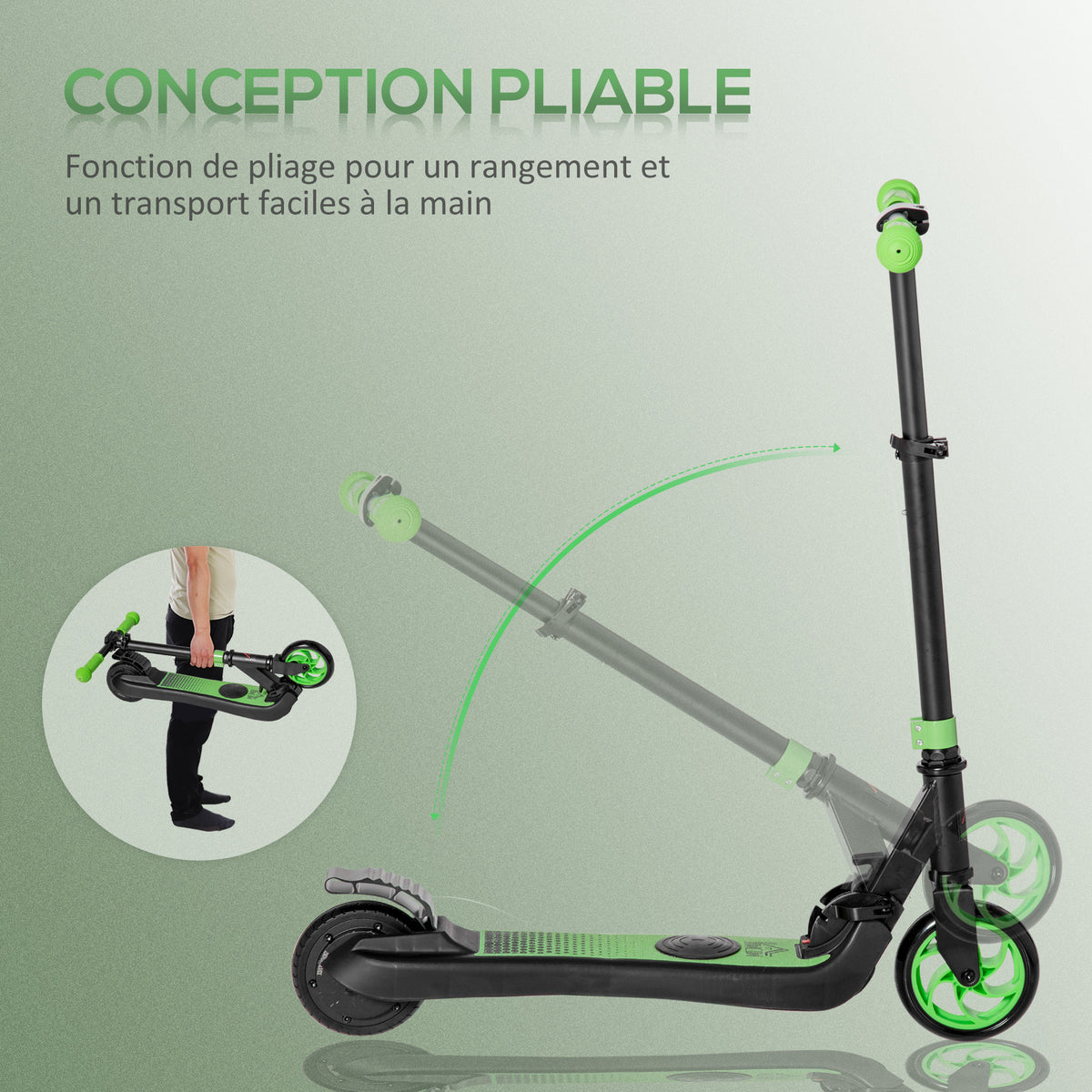Trottinette électrique enfants 6 ans + pliable scooter électrique vitesse 8 km/h 71x36,5x75-80cm, aluminium, acier, vert