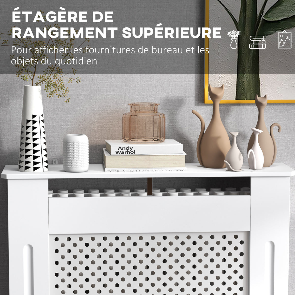 Cache-radiateur, couvercle de radiateur, couverture radiateur, grille ronde, 78L x 19l x 82H cm en bois blanc