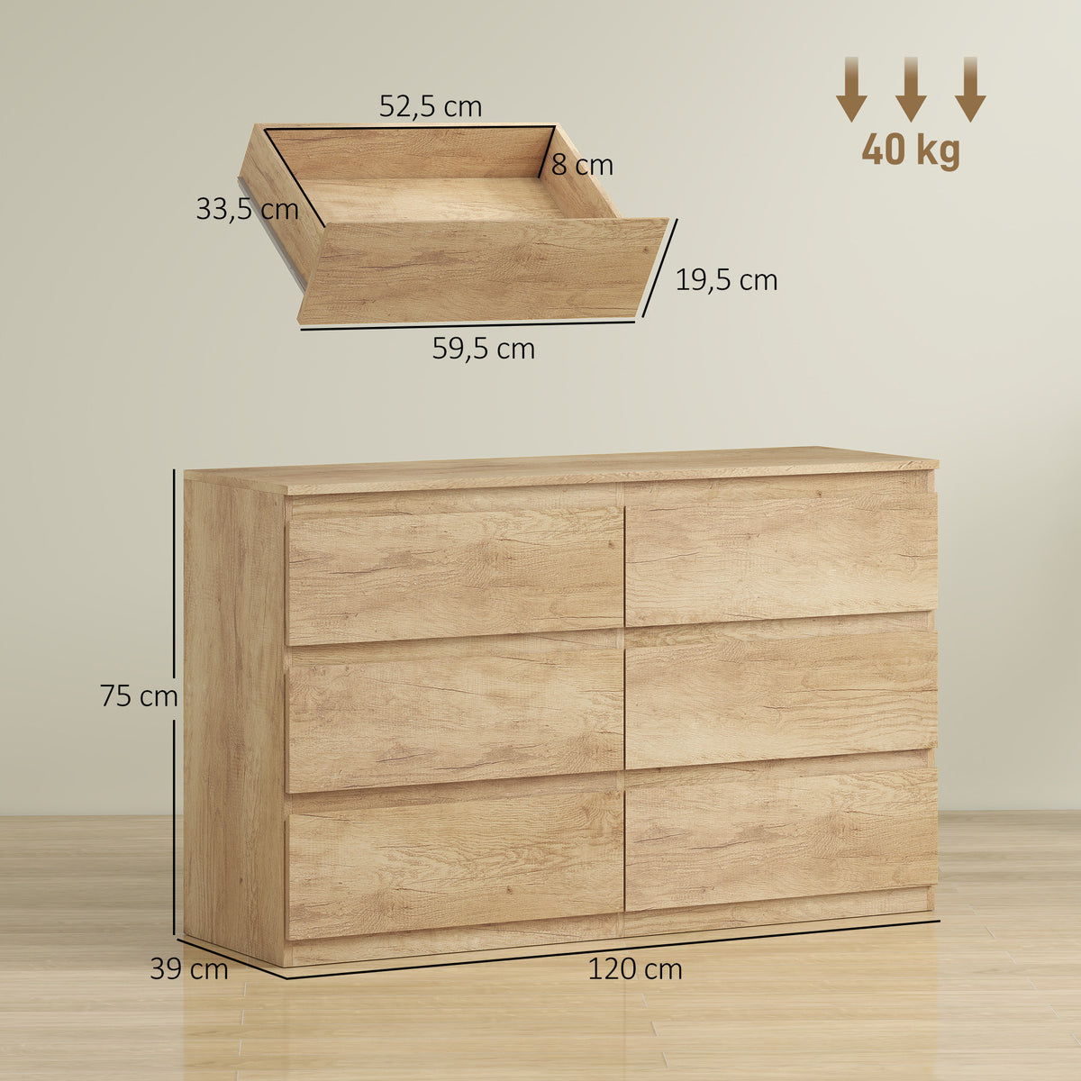 Commode 6 tiroirs meuble de rangement sans poignées design minimaliste 120 x 39 x 75 cm chêne