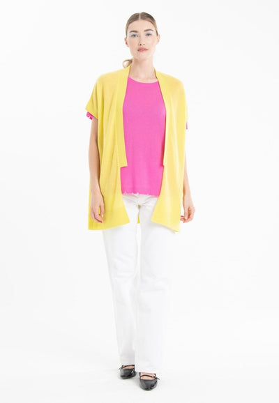 Gilet kimono manches courtes en cachemire jaune fluo - RIA 4