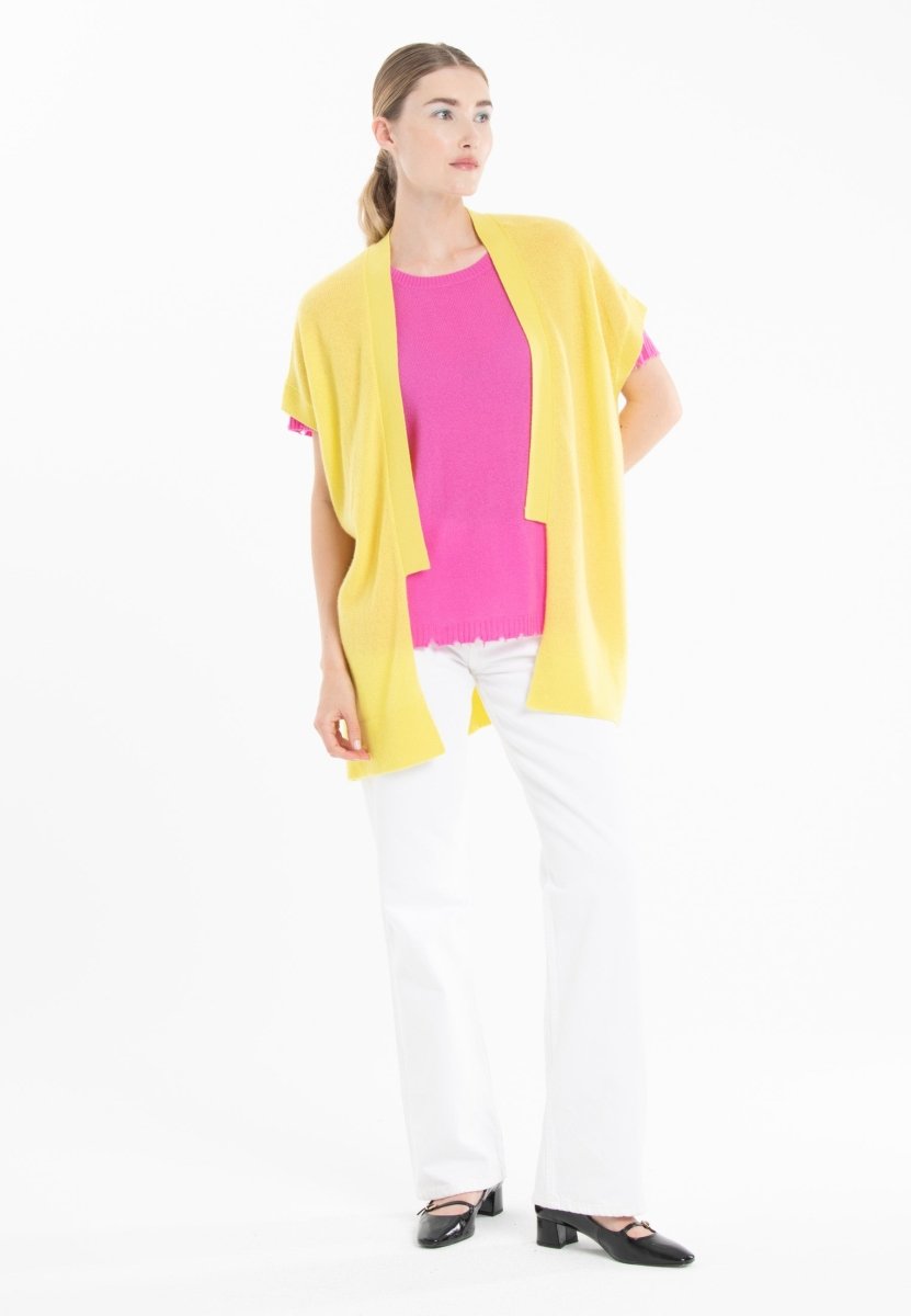Gilet kimono manches courtes en cachemire jaune fluo - RIA 4