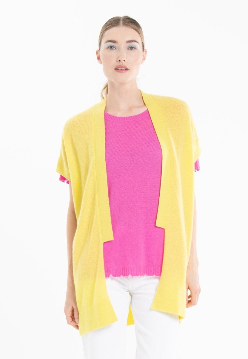 Gilet kimono manches courtes en cachemire jaune fluo - RIA 4