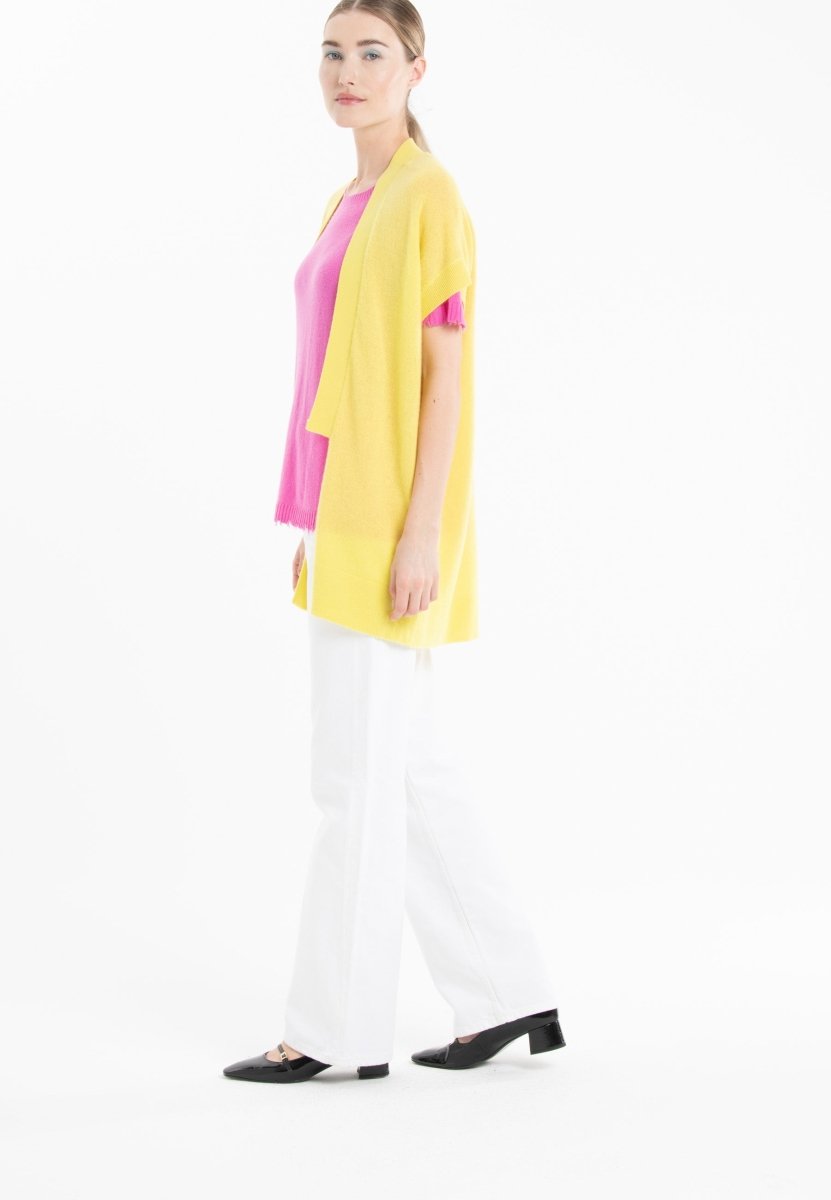 Gilet kimono manches courtes en cachemire jaune fluo - RIA 4