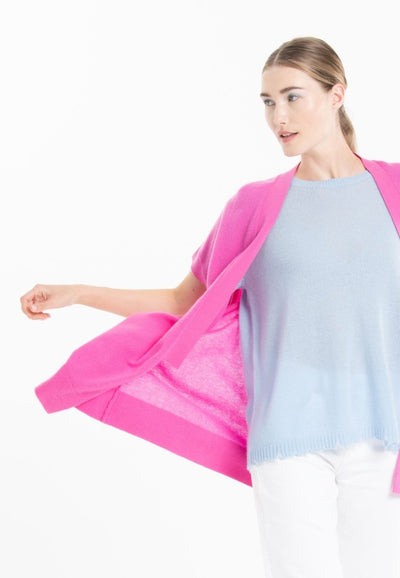 Gilet kimono manches courtes en cachemire rose barbie - RIA 4