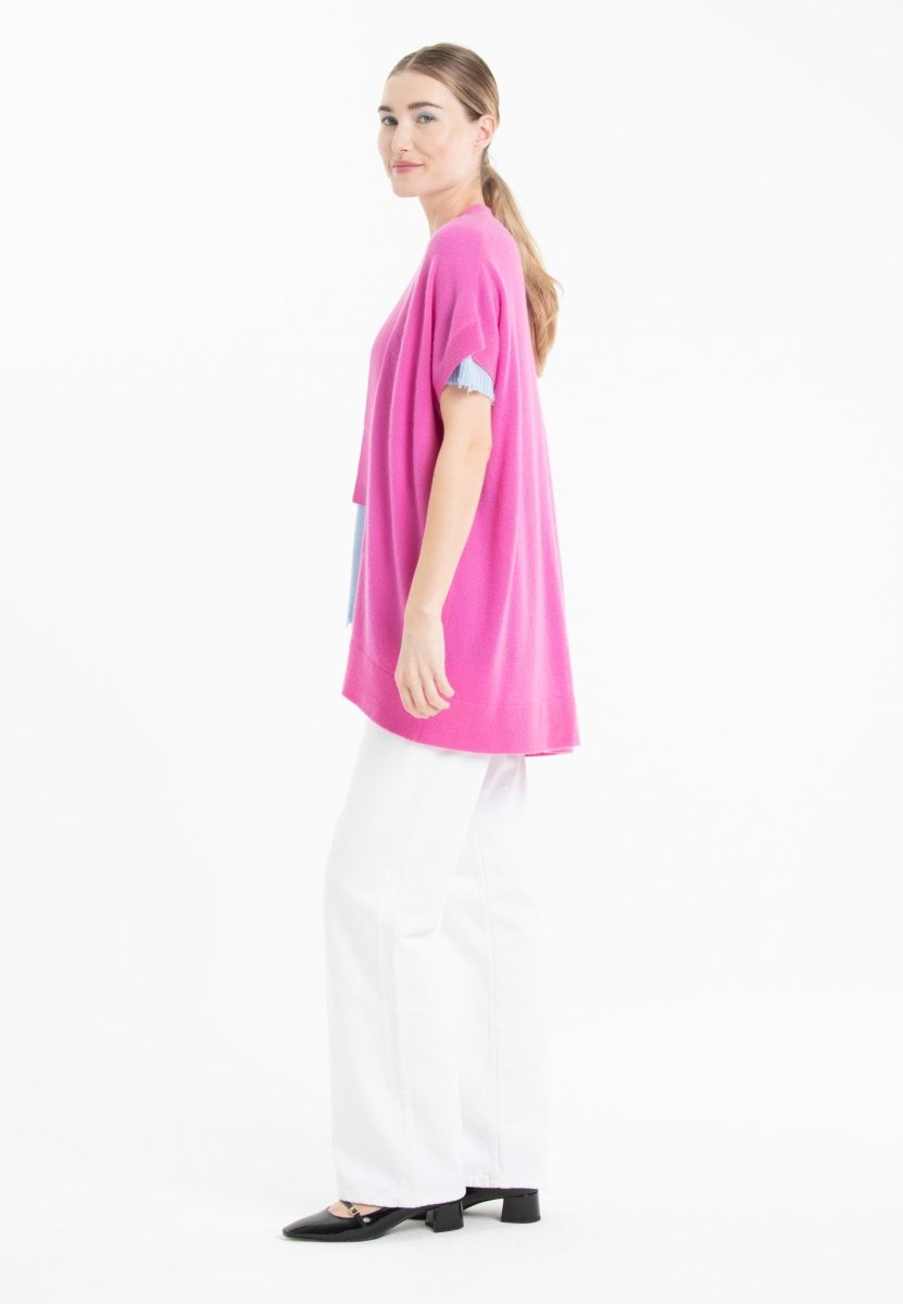 Gilet kimono manches courtes en cachemire rose barbie - RIA 4