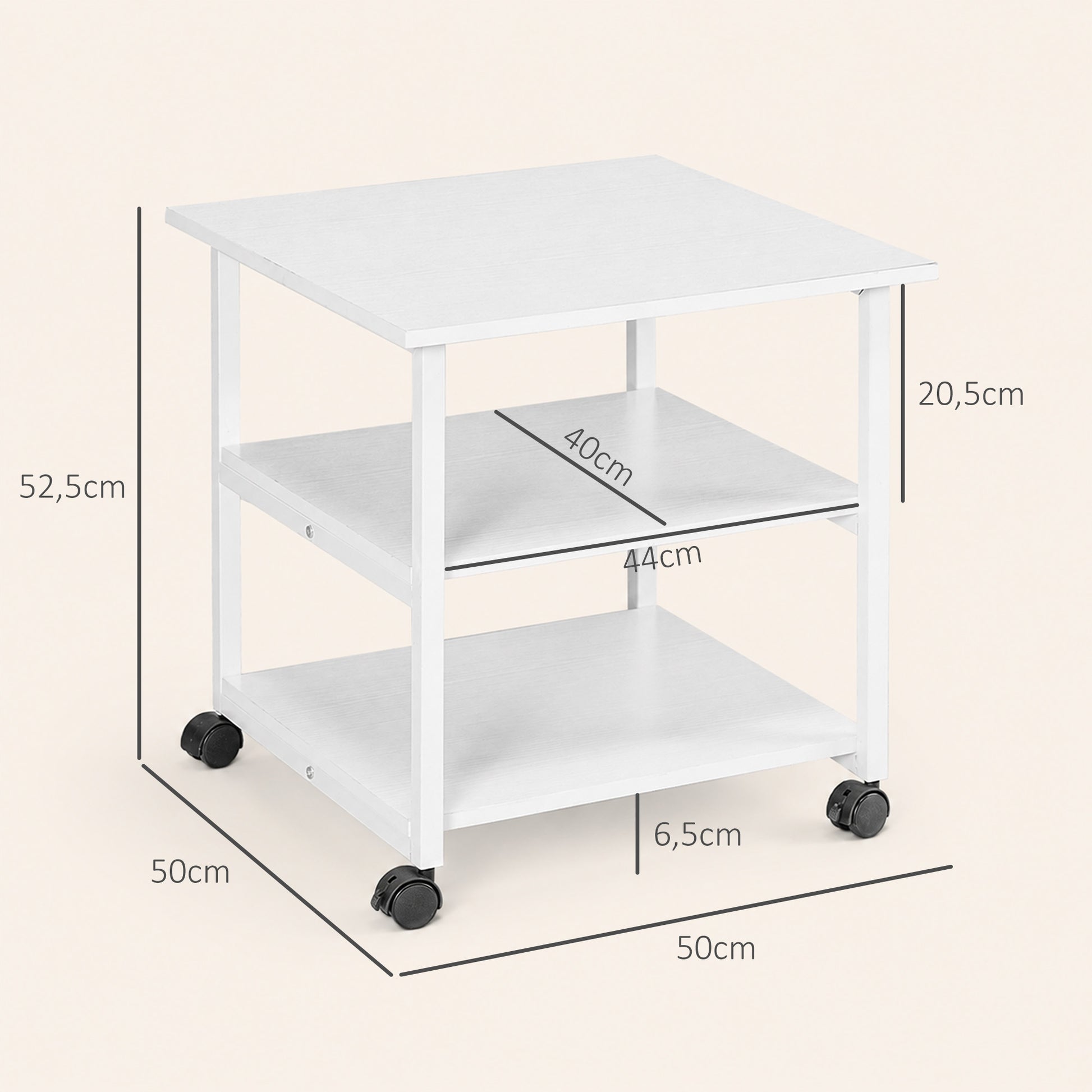 Support d'imprimante desserte de rangement 3 niveaux étagères mobile sur roulettes 50L x 50l x 52,5H cm