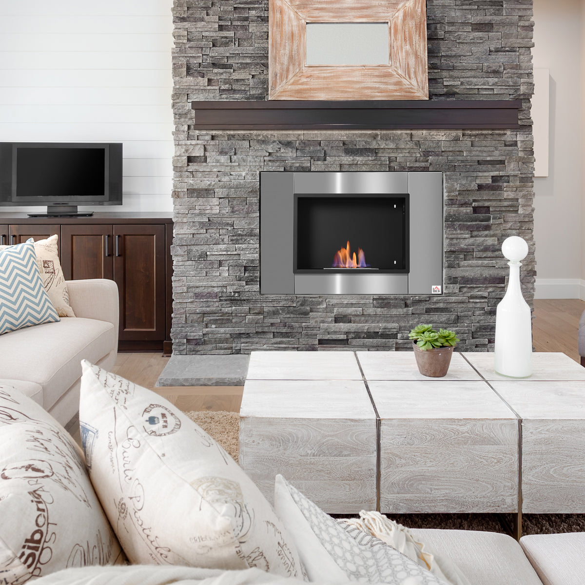 Cheminée bioéthanol Murale encastrable brûleur 0,9 L, environ 3 h de durée de combustion 80L x 14l x 54H cm Couverture 25-30 m² Acier inox