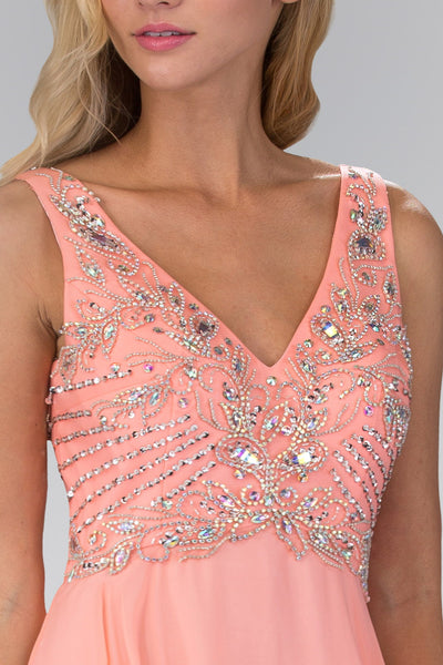 V Neck and Back Chiffon Floor Length Dress with Jewel and Sequin Bodice