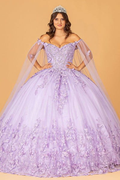 3D Butterfly Applique Glitter w/ Long Mesh Layer Quinceanera Dress GLGL3110