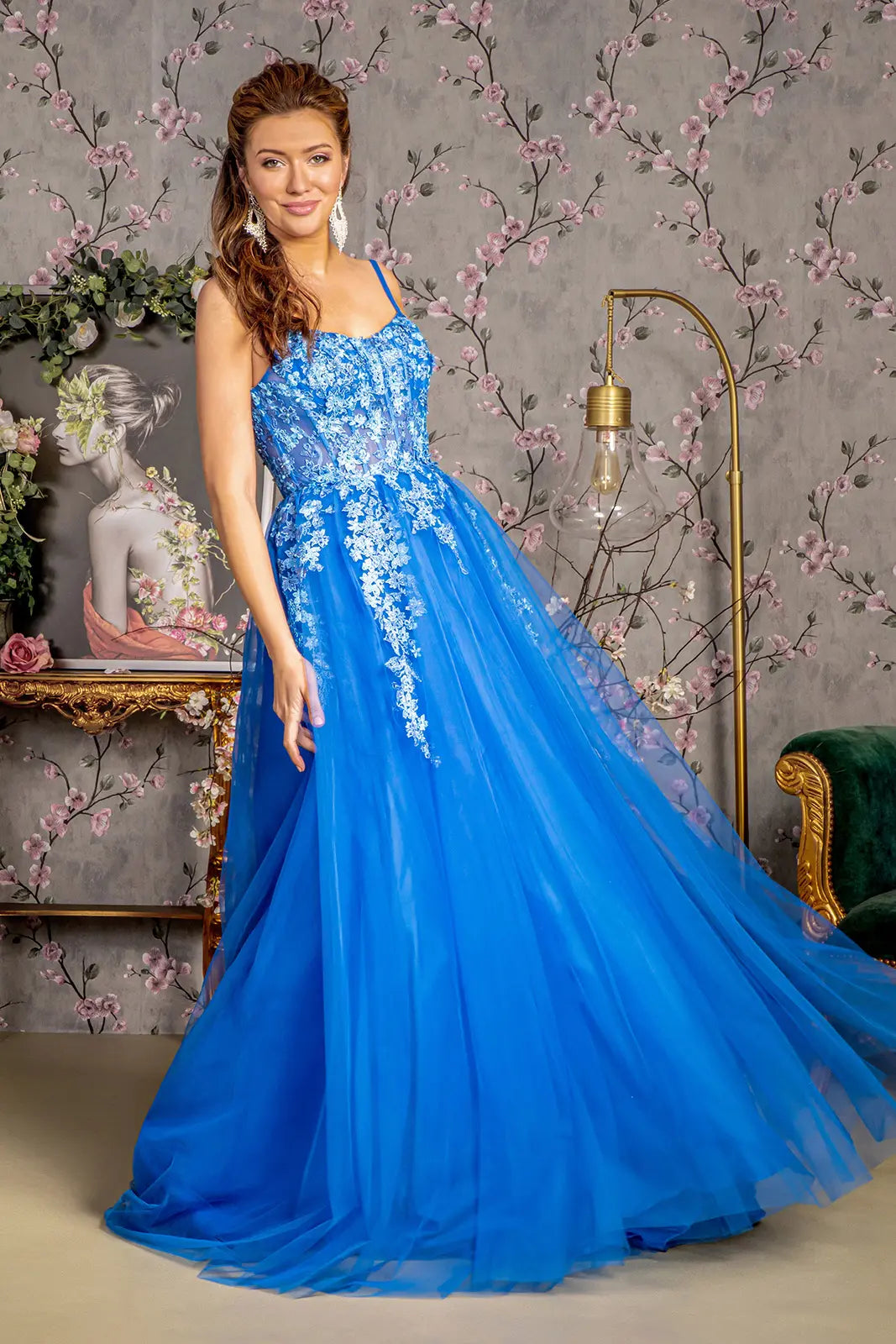 Jewel 3 d flower sheer bodice mesh a line long dress GLGL3309