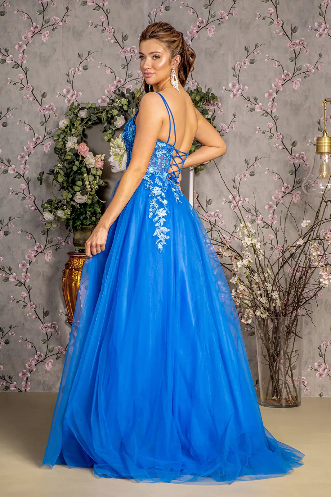 Jewel 3 d flower sheer bodice mesh a line long dress GLGL3309