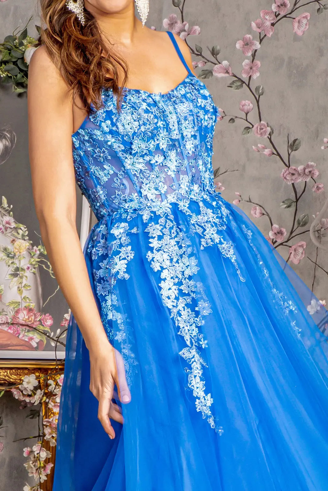 Jewel 3 d flower sheer bodice mesh a line long dress GLGL3309