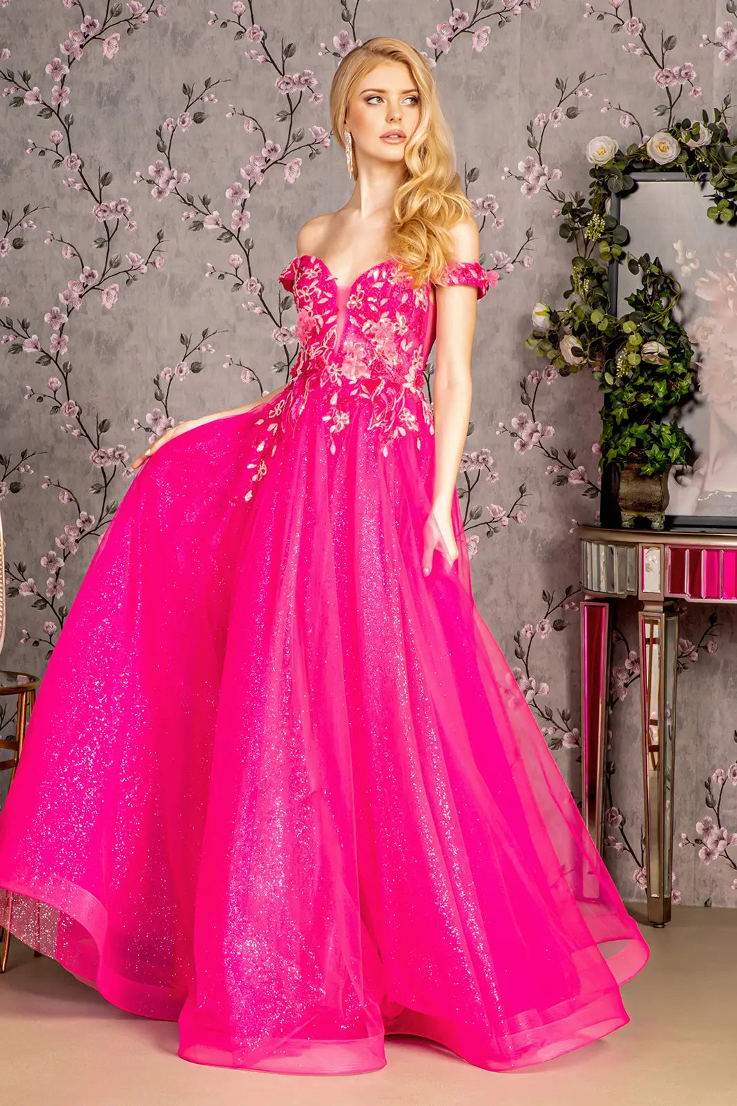 3 d flower emboridery sheer bodice mesh a line long dress GLGL3443