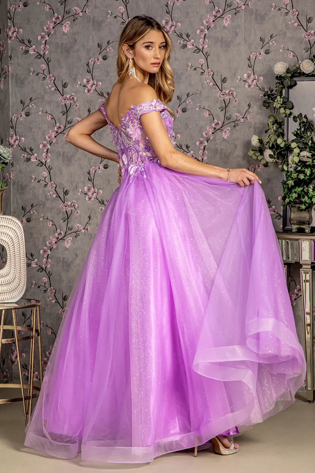 3 d flower emboridery sheer bodice mesh a line long dress GLGL3443