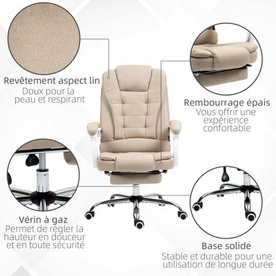 Fauteuil de bureau manager chaise pour ordinateur avec repose-pied dossier inclinable accoudoirs rembourrés en lin beige