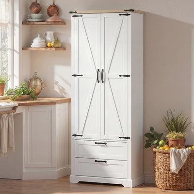 Buffet haut cuisine, armoire de cuisine avec 2 portes, 2 tiroirs, étagères réglables, style rustique, 76x40x180cm, blanc