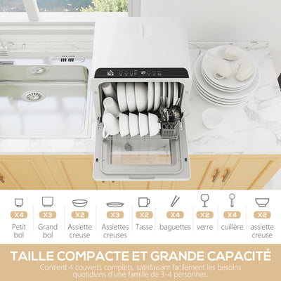 Mini lave-vaisselle compact 4 couverts, lave-vaisselle de table, 6 programmes, commandes tactiles, réservoir 6 L, blanc