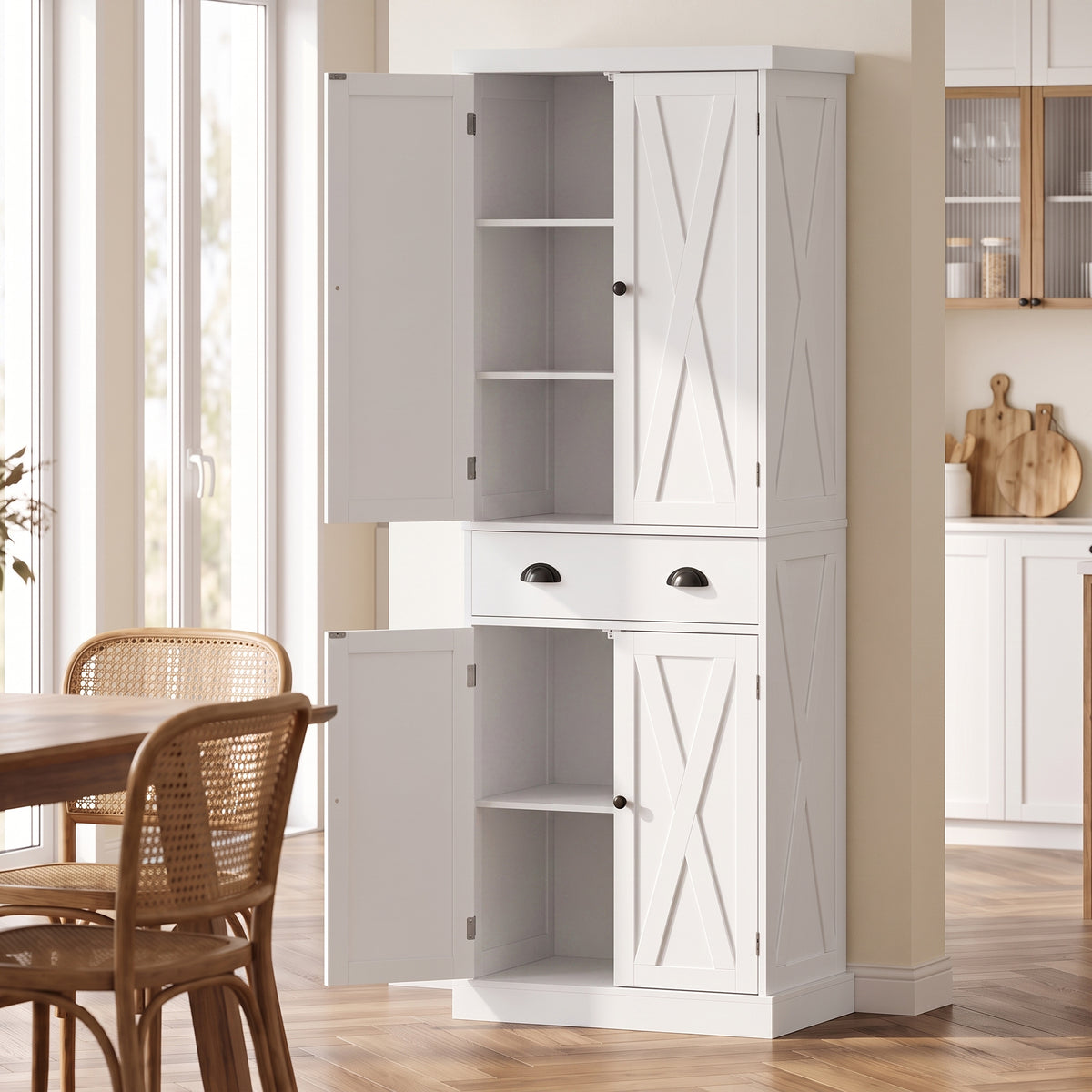 Buffet Haut Cuisine, Armoire de Cuisine avec 4 Portes, Tiroir et Étagères Réglables, Style Rustique, 62x38x173cm, Blanc