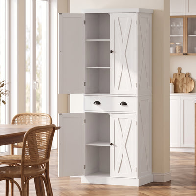 Buffet Haut Cuisine, Armoire de Cuisine avec 4 Portes, Tiroir et Étagères Réglables, Style Rustique, 62x38x173cm, Blanc