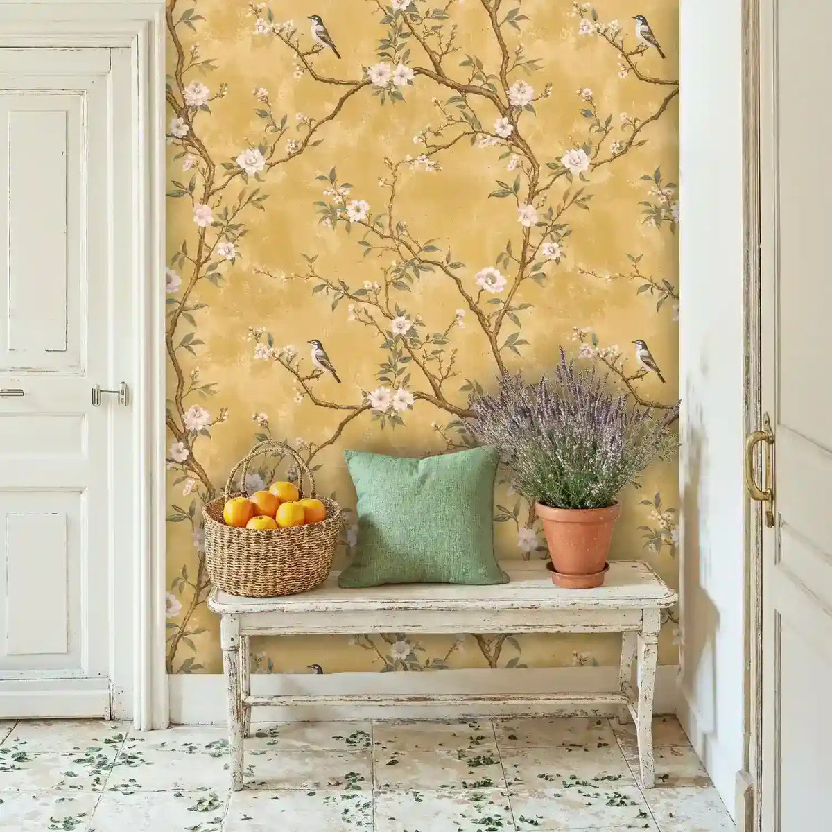 Chinoiserie Songbirds on Blossom Branches Wallpaper