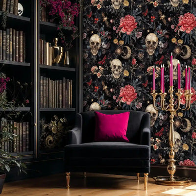 Gothic Celestial Skulls and Florals Wallpaper