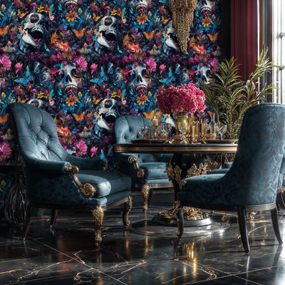 Gothic Skulls and Botanical Blooms Wallpaper