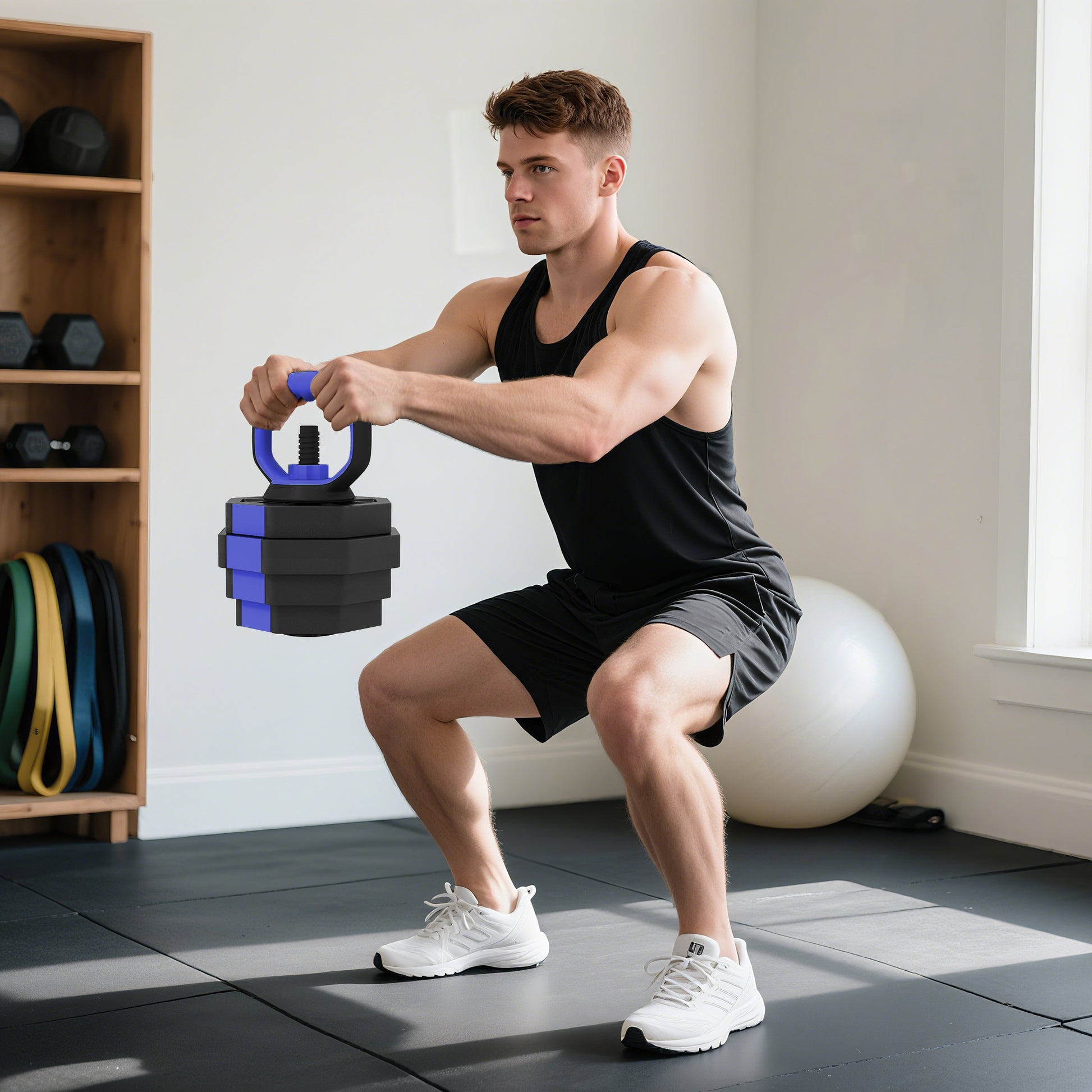 Ensemble d'haltères musculation 6-en-1 haltère réglable 25 kg kettlebell, barre de musculation support pour pompes bleu
