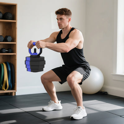 Ensemble d'haltères musculation 6-en-1 haltère réglable 25 kg kettlebell, barre de musculation support pour pompes bleu