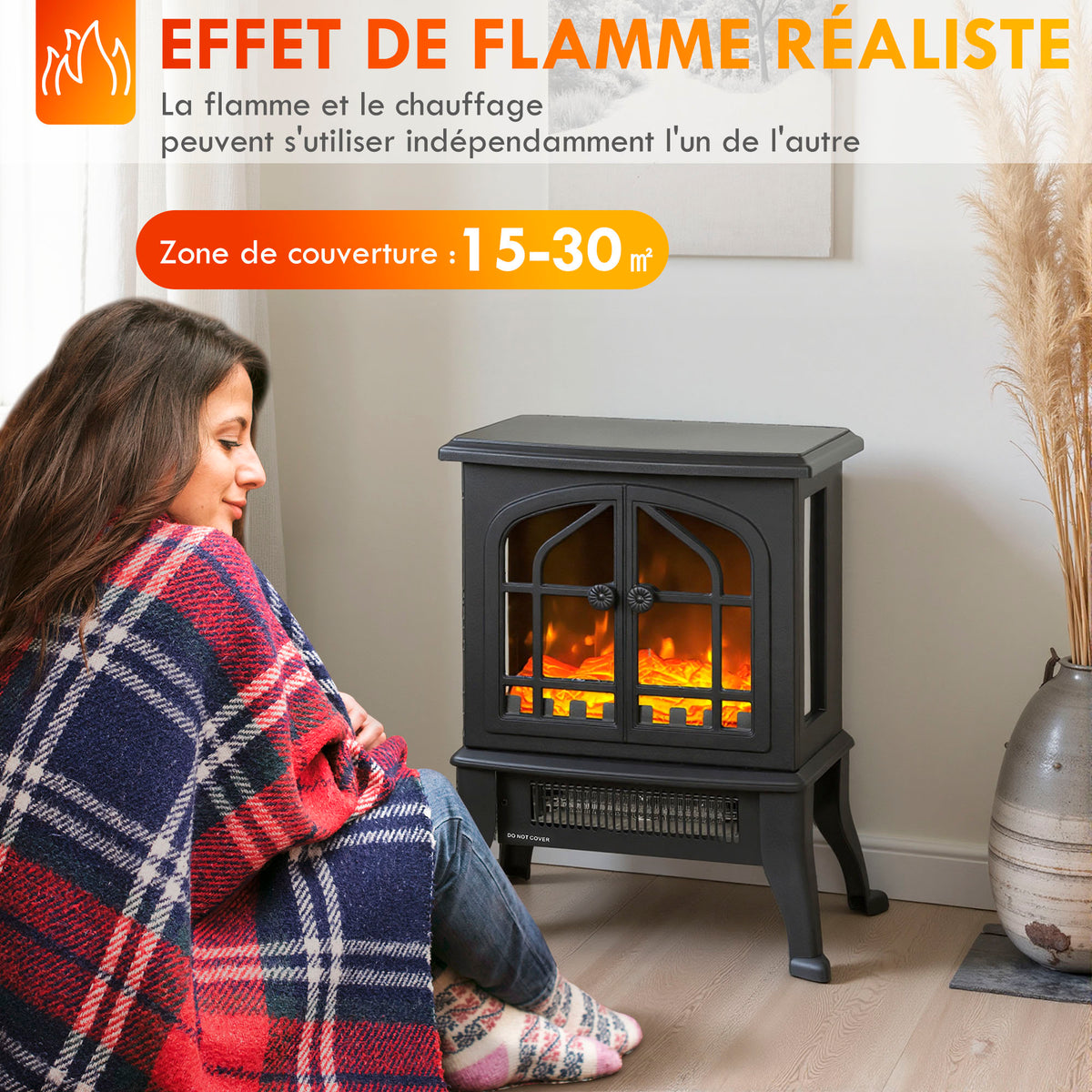 Cheminée électrique avec effet flamme 3D, 1800/900 W, fausse cheminée décorative, thermostat réglable, 39x24x48cm, noir