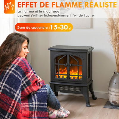 Cheminée électrique avec effet flamme 3D, 1800/900 W, fausse cheminée décorative, thermostat réglable, 39x24x48cm, noir
