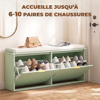 Banc à chaussures avec coussin d'assise rembourré et tiroir rabattable pour couloir, chambre, 104 x 26 x 47,5 cm, vert