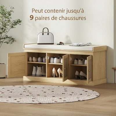 Banc chaussures entrée 9 paires, banc de rangement, 3 portes en rotin, coussin et étagère réglable, 105x35x47cm, chêne