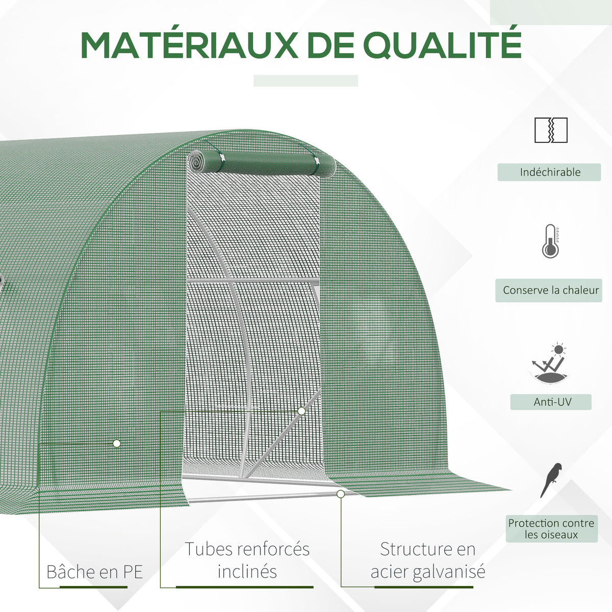 Serre de jardin tunnel 13,5 m² 6 fenêtres porte zippée enroulable châssis acier galvanisé bâche PE 4,5 x 3 x 2 m vert