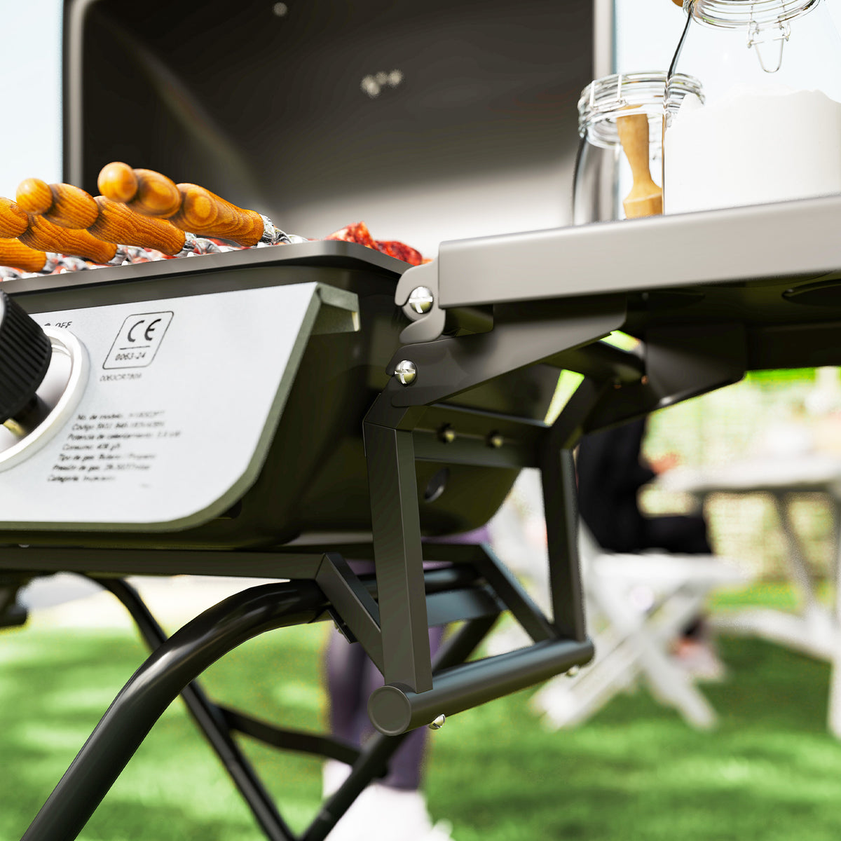 Barbecue gaz transportable, 2 brûleurs 5,6 kW, barbecue gaz de camping avec étagères latérales thermomètre et roues, noir