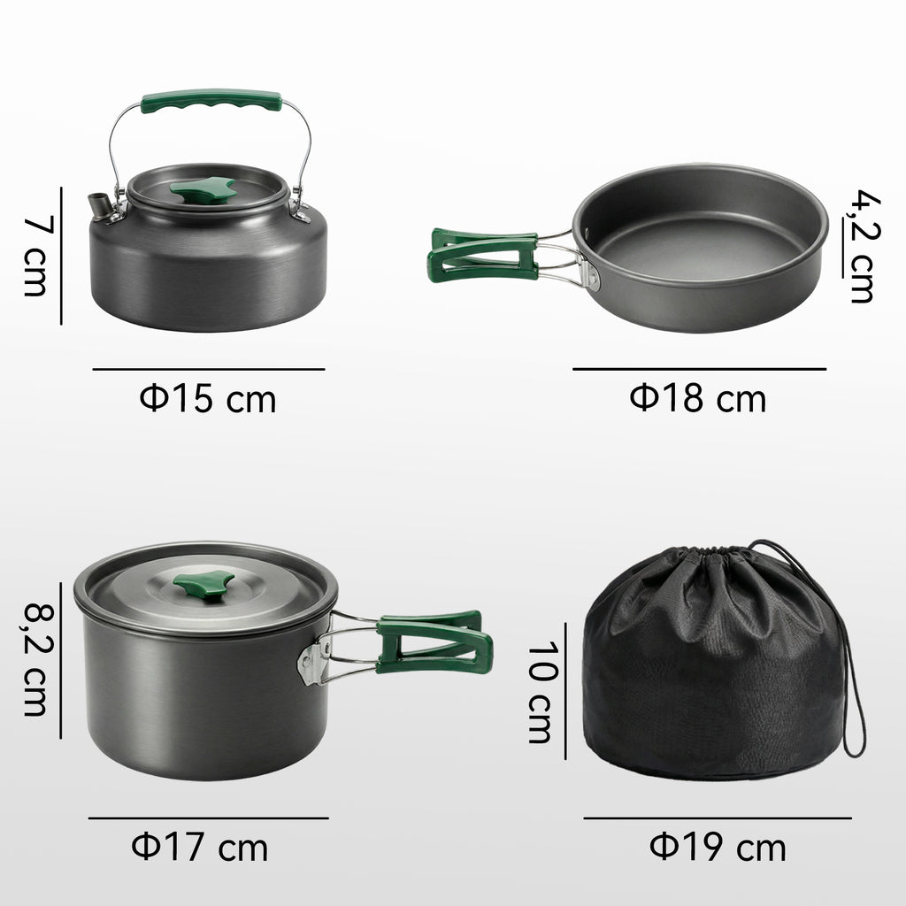 Kit de Casseroles Camping en Aluminium 11 Pcs, avec Sac de Rangement et Poignées Anti-Brûlures, Ø19x10cm, Gris