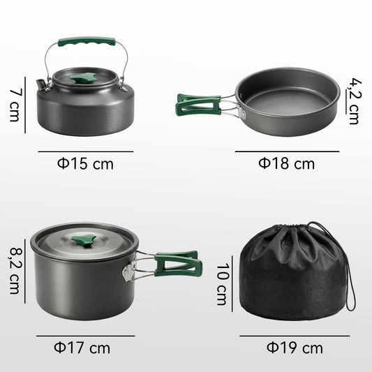 Kit de Casseroles Camping en Aluminium 11 Pcs, avec Sac de Rangement et Poignées Anti-Brûlures, Ø19x10cm, Gris