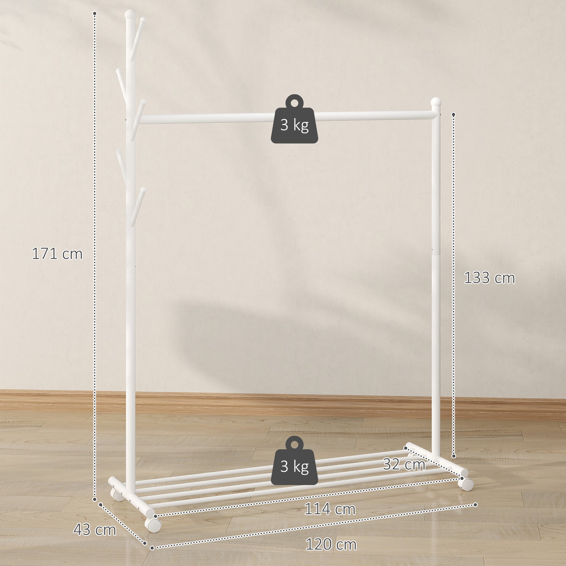 Portant à vêtements, porte-manteau sur roulettes avec étagère à chaussures et 5 crochets, 120 x 43 x 171 cm, blanc