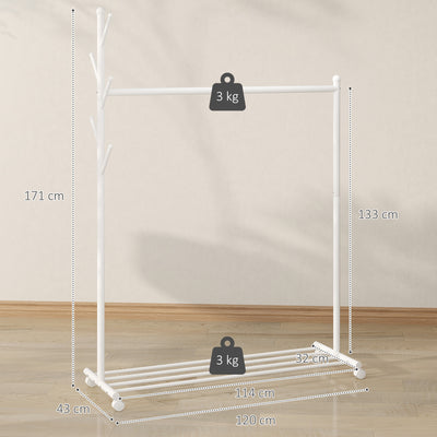 Portant à vêtements, porte-manteau sur roulettes avec étagère à chaussures et 5 crochets, 120 x 43 x 171 cm, blanc