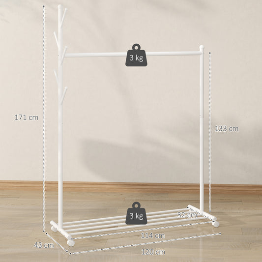 Portant à vêtements, porte-manteau sur roulettes avec étagère à chaussures et 5 crochets, 120 x 43 x 171 cm, blanc