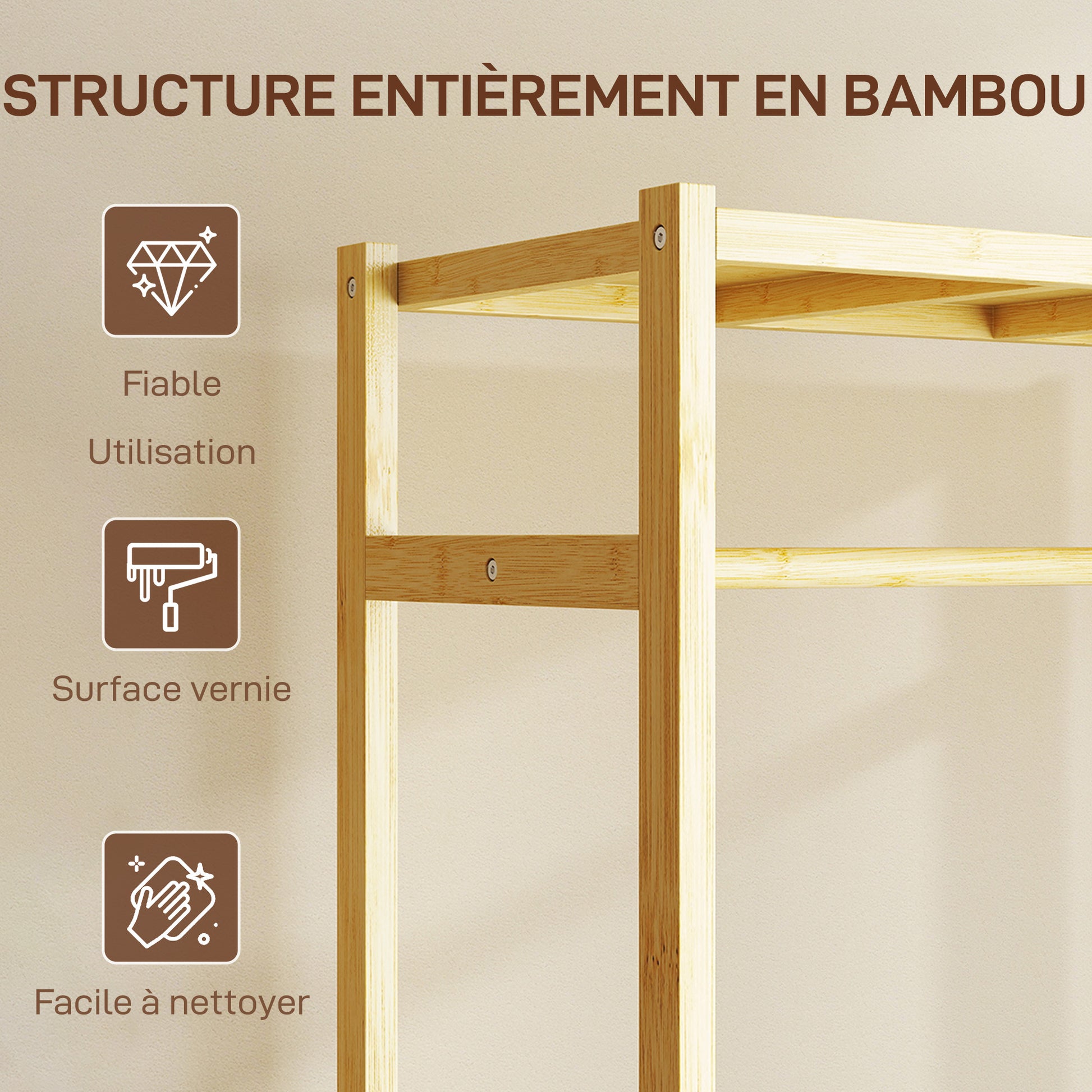 Portant à vêtements à roulettes, porte-manteau en bambou avec 2 étagères et tringle suspendue, 70x35x175cm, bois naturel