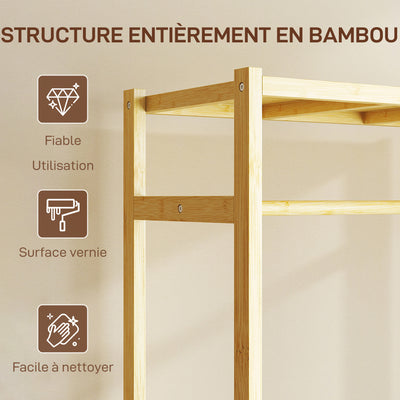 Portant à vêtements à roulettes, porte-manteau en bambou avec 2 étagères et tringle suspendue, 70x35x175cm, bois naturel