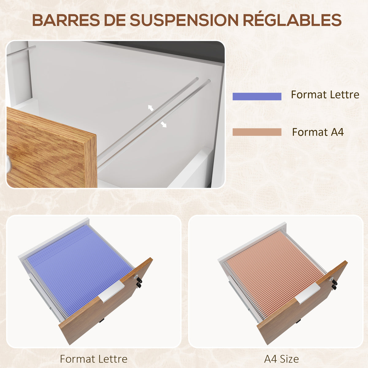 Caisson de bureau, meuble de rangement 2 tiroirs 2 barres pour dossier suspendu, verrouillable avec 2 clés 42x40x60 cm