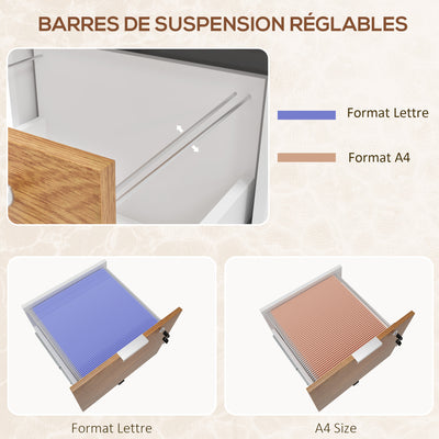Caisson de bureau, meuble de rangement 2 tiroirs 2 barres pour dossier suspendu, verrouillable avec 2 clés 42x40x60 cm