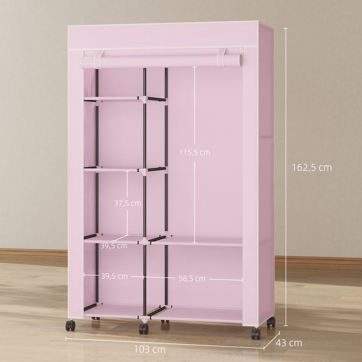 Armoire penderie en tissu meuble de rangement 6 roulettes tringle à vêtements et étagères ouvertes 103x43x162,5cm rose