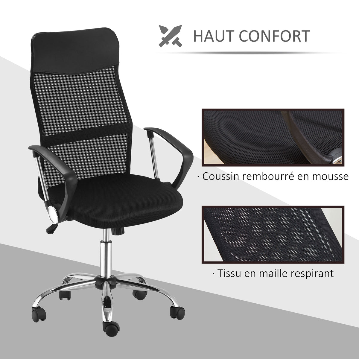 Fauteuil de bureau manager grand confort dossier ergonomique hauteur assise réglable pivotant tissu maille noir