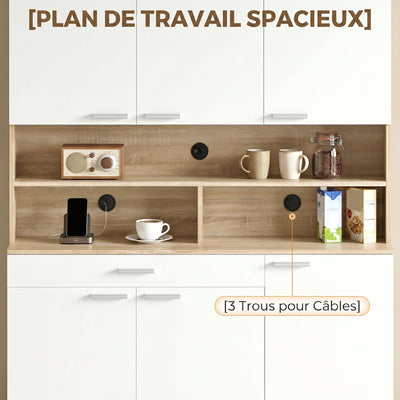 Buffet haut cuisine, armoire de cuisine, 6 portes, tiroir et étagères ouvertes, 120x40x175cm, blanc et bois naturel