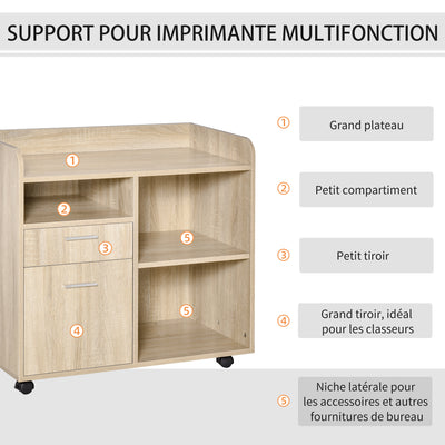 Support d'imprimante - Caisson d'organisation de Bureau Roulant - Dim. 80l x 40P x 72H cm en Bois Chêne clair